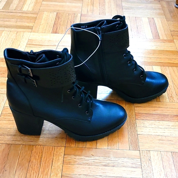 NWT Black Lace Up Boots with Zipper and Decorative Strap - 3 Inch Heels - Picture 3 of 13